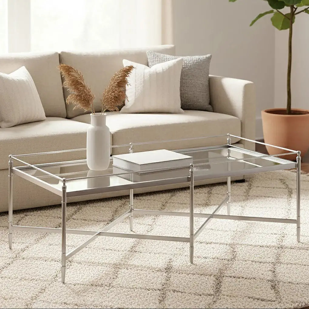 Mirrored Glass Coffee Table with Silver Cross Frame, Zach