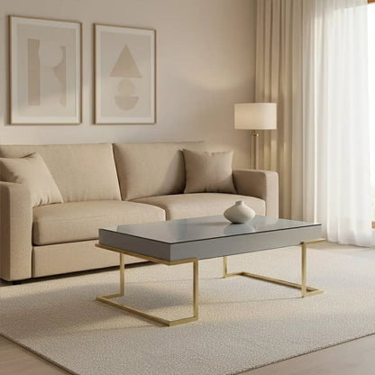 Mirrored Rectangular Coffee Table in Gold and Grey Finish, Kaso