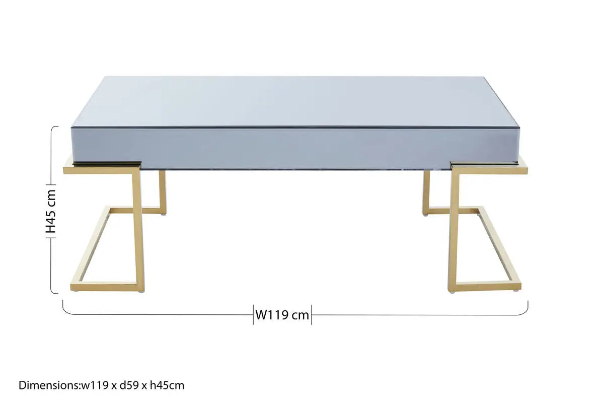 Mirrored Rectangular Coffee Table in Gold and Grey Finish, Kaso