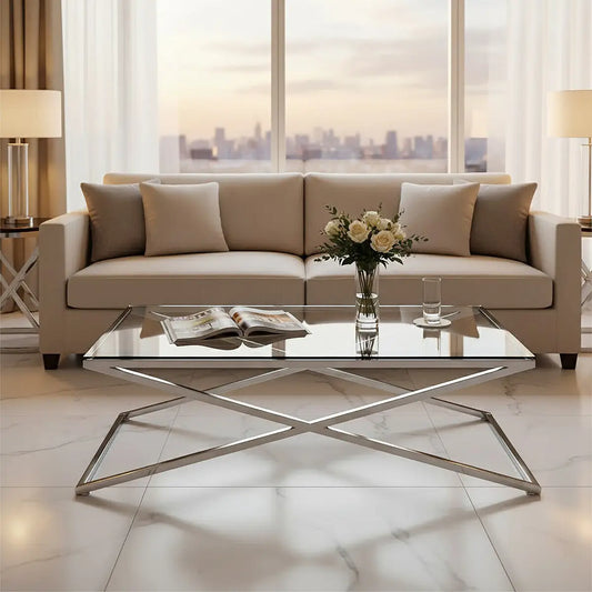 Montril Clear Glass and Silver Finish Criss Cross Coffee Table