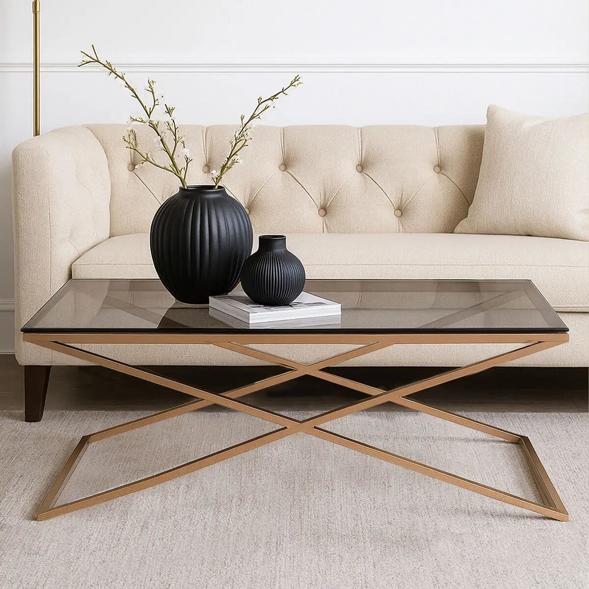 Montril Smoked Glass and Gold Finish Criss Cross Coffee Table