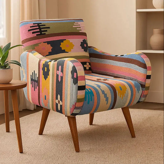 Multi Coloured Fabric Chair with Mango Wood Legs | Cefena