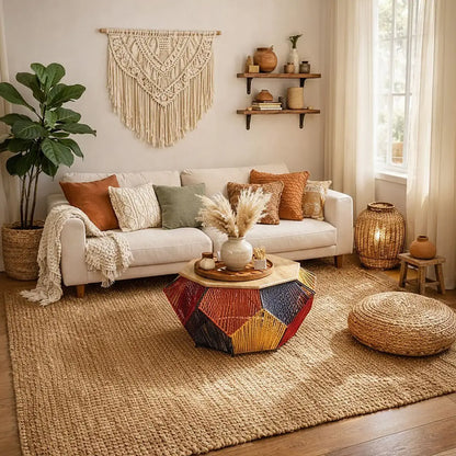 Multicoloured Woven Hexagon Base Coffee Table with Mango Wood Top, Fusion