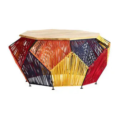 Multicoloured Woven Hexagon Base Coffee Table with Mango Wood Top, Fusion