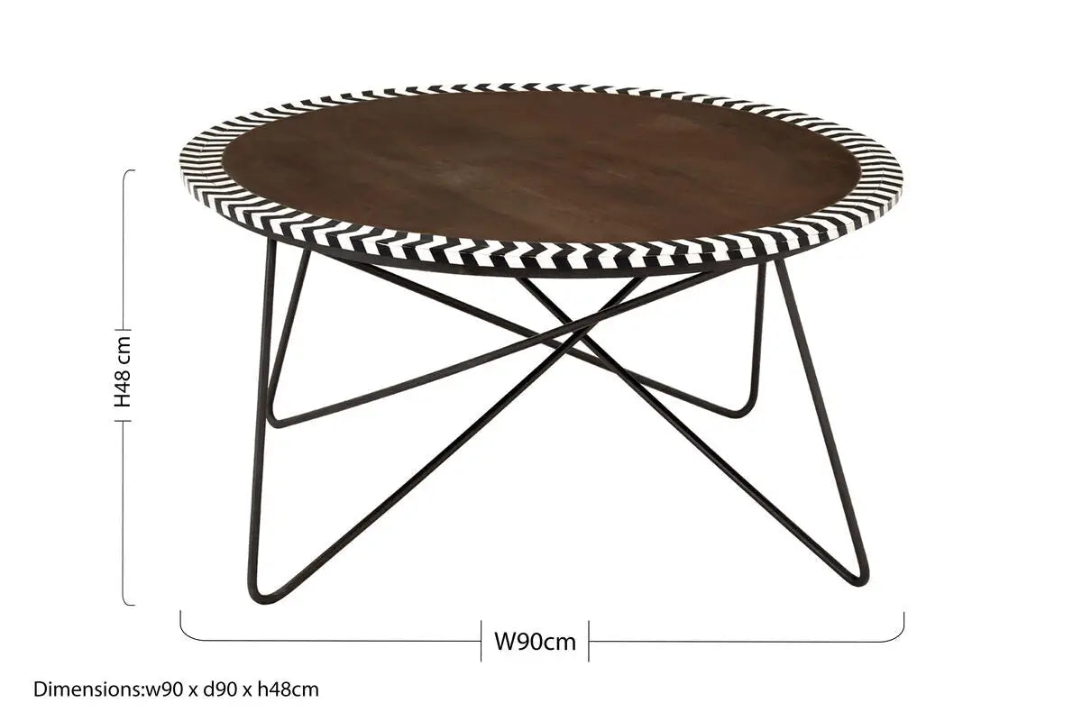 Natural Acacia Wood Coffee Table with Chevron Trim and Black Iron Hairpin Legs, Artisan