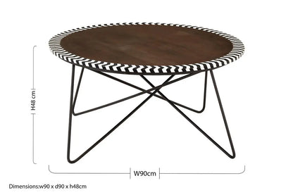 Natural Acacia Wood Coffee Table with Chevron Trim and Black Iron Hairpin Legs, Artisan