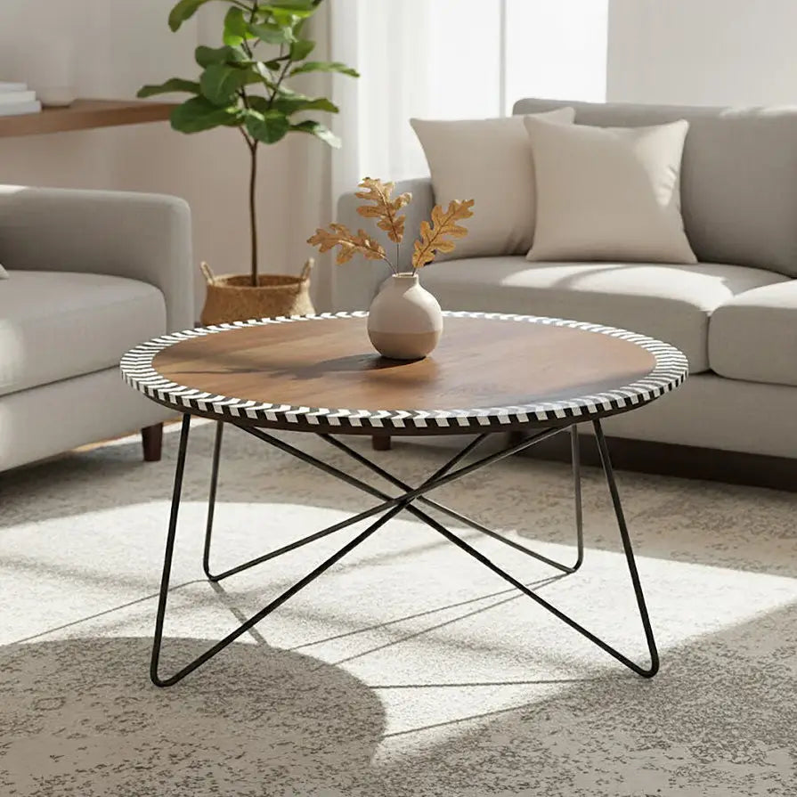 Natural Acacia Wood Coffee Table with Chevron Trim and Black Iron Hairpin Legs, Artisan