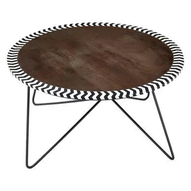 Natural Acacia Wood Coffee Table with Chevron Trim and Black Iron Hairpin Legs, Artisan