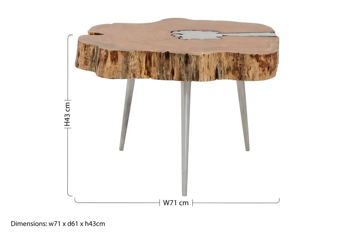Natural Acacia Wood Log Slice Coffee Table with Silver Centre Detail and Aluminium Splayed Legs, Almora