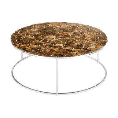Natural Agate Top Round Coffee Table with Reflective Stainless Steel Base, Relic