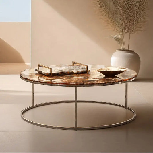 Natural Agate Top Round Coffee Table with Reflective Stainless Steel Base | Relic