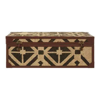 Natural and Black Coffee Table Trunk with Storage Galvanised Iron and Brown PU Leather Trim, Aztec