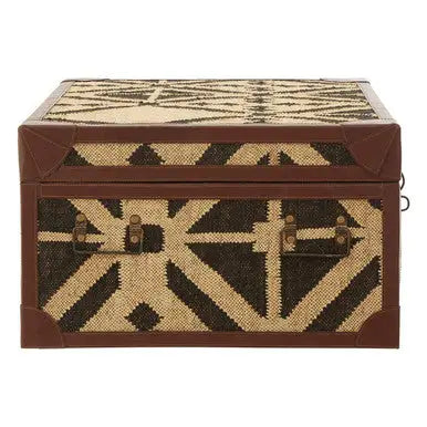 Natural and Black Coffee Table Trunk with Storage Galvanised Iron and Brown PU Leather Trim, Aztec