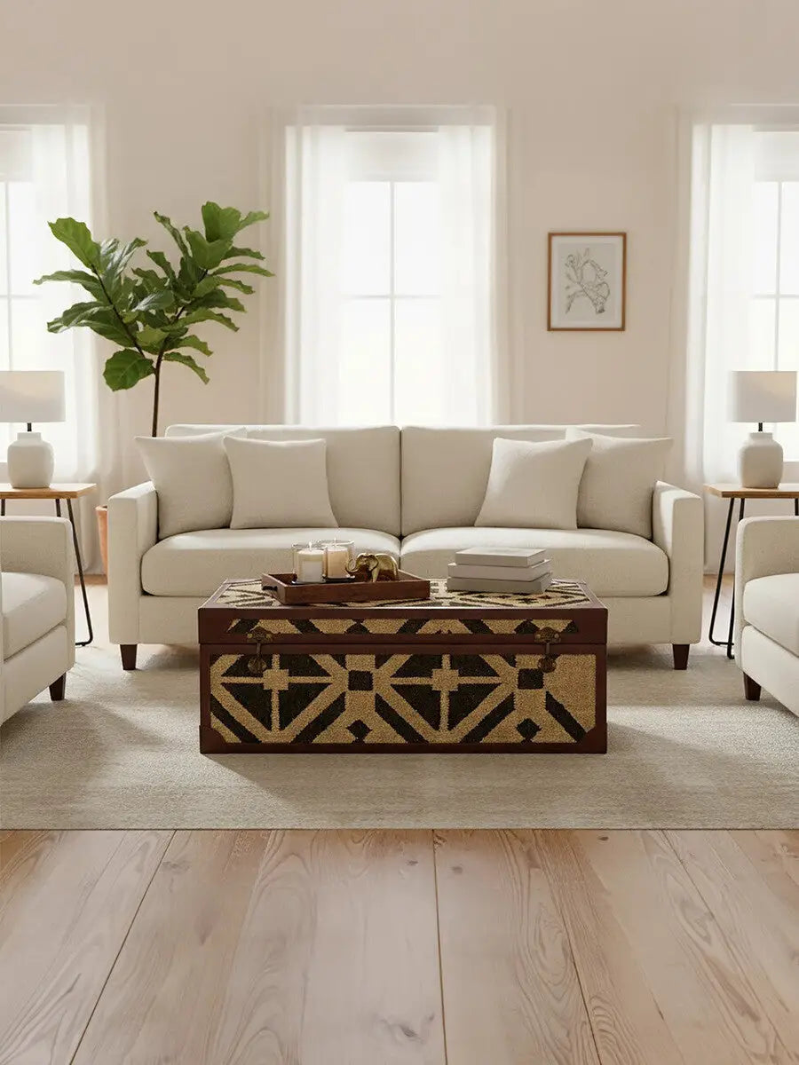 Natural and Black Coffee Table Trunk with Storage Galvanised Iron and Brown PU Leather Trim | Aztec