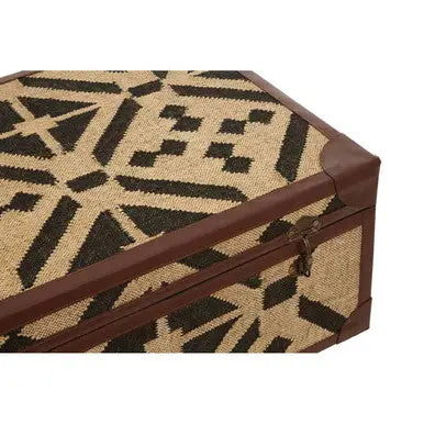 Natural and Black Coffee Table Trunk with Storage Galvanised Iron and Brown PU Leather Trim, Aztec