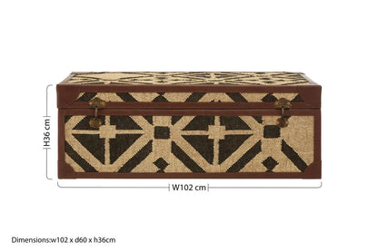 Natural and Black Coffee Table Trunk with Storage Galvanised Iron and Brown PU Leather Trim, Aztec