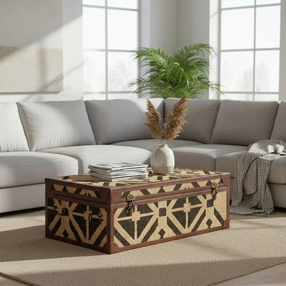 Natural and Black Coffee Table Trunk with Storage Galvanised Iron and Brown PU Leather Trim | Aztec