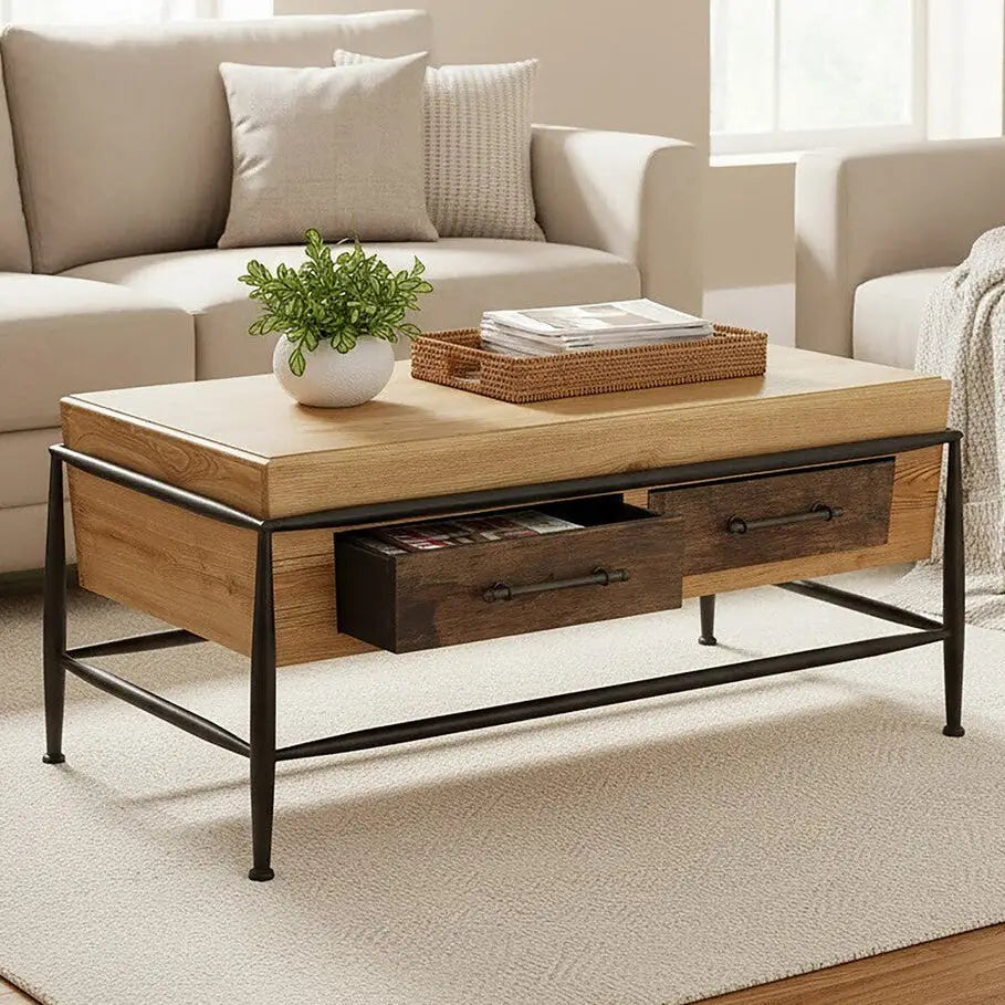 Natural and Brown Wooden Coffee Table with Metal Legs, New Foundry