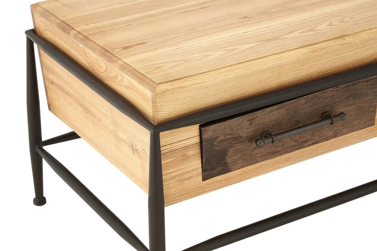 Natural and Brown Wooden Coffee Table with Metal Legs, New Foundry