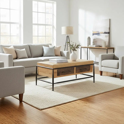 Natural and Brown Wooden Coffee Table with Metal Legs, New Foundry