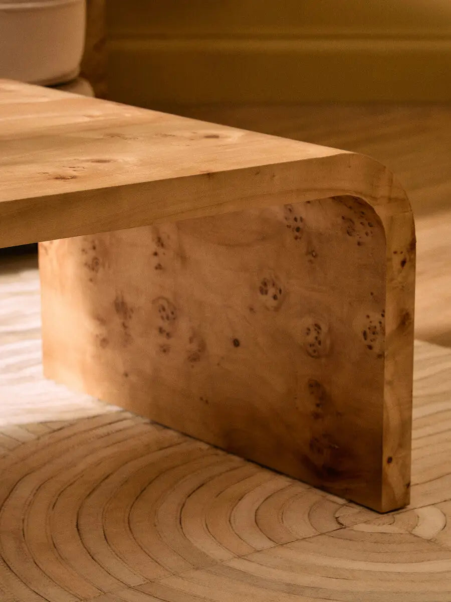Natural Burl Wood Curved Coffee Table with Smooth Curved Edges, Mota
