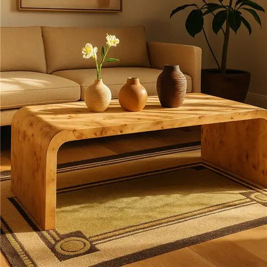 Natural Burl Wood Curved Coffee Table with Smooth Curved Edges, Mota