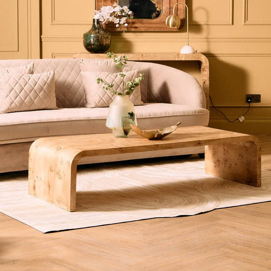 Natural Burl Wood Curved Coffee Table with Smooth Curved Edges, Mota
