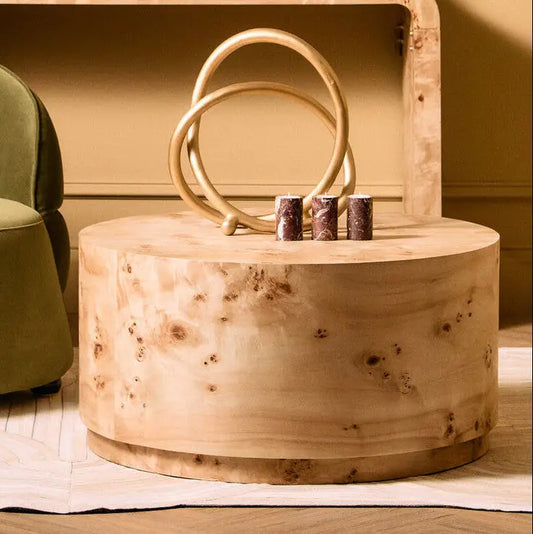 Natural Burl Wood Round Coffee Table with Drum Shape Design | Mota