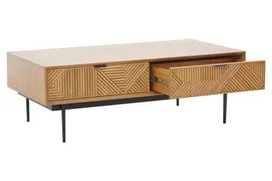 Natural Carved Effect 2-Drawer Coffee Table with Metal Legs, Jakara