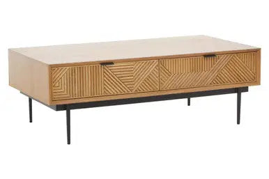 Natural Carved Effect 2-Drawer Coffee Table with Metal Legs, Jakara