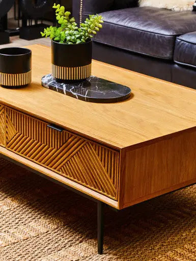 Natural Carved Effect 2-Drawer Coffee Table with Metal Legs, Jakara