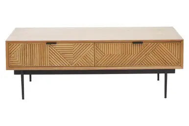 Natural Carved Effect 2-Drawer Coffee Table with Metal Legs, Jakara
