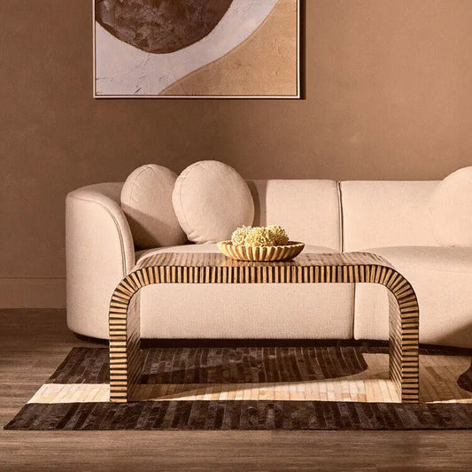 Natural Finish Curved Coffee Table with Striped Bamboo Inlay, Bambusa