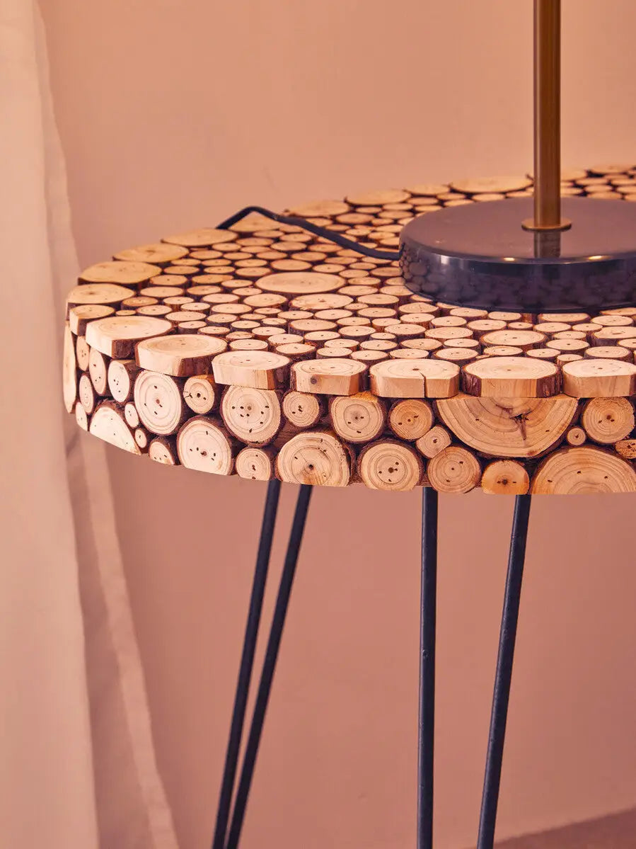 Natural Fir Wood Disc Mosaic Oval Coffee Table with Black Metal Hairpin Legs, Lacuna