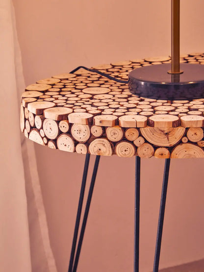 Natural Fir Wood Disc Mosaic Oval Coffee Table with Black Metal Hairpin Legs, Lacuna