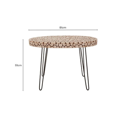 Natural Fir Wood Disc Mosaic Oval Coffee Table with Black Metal Hairpin Legs | Lacuna