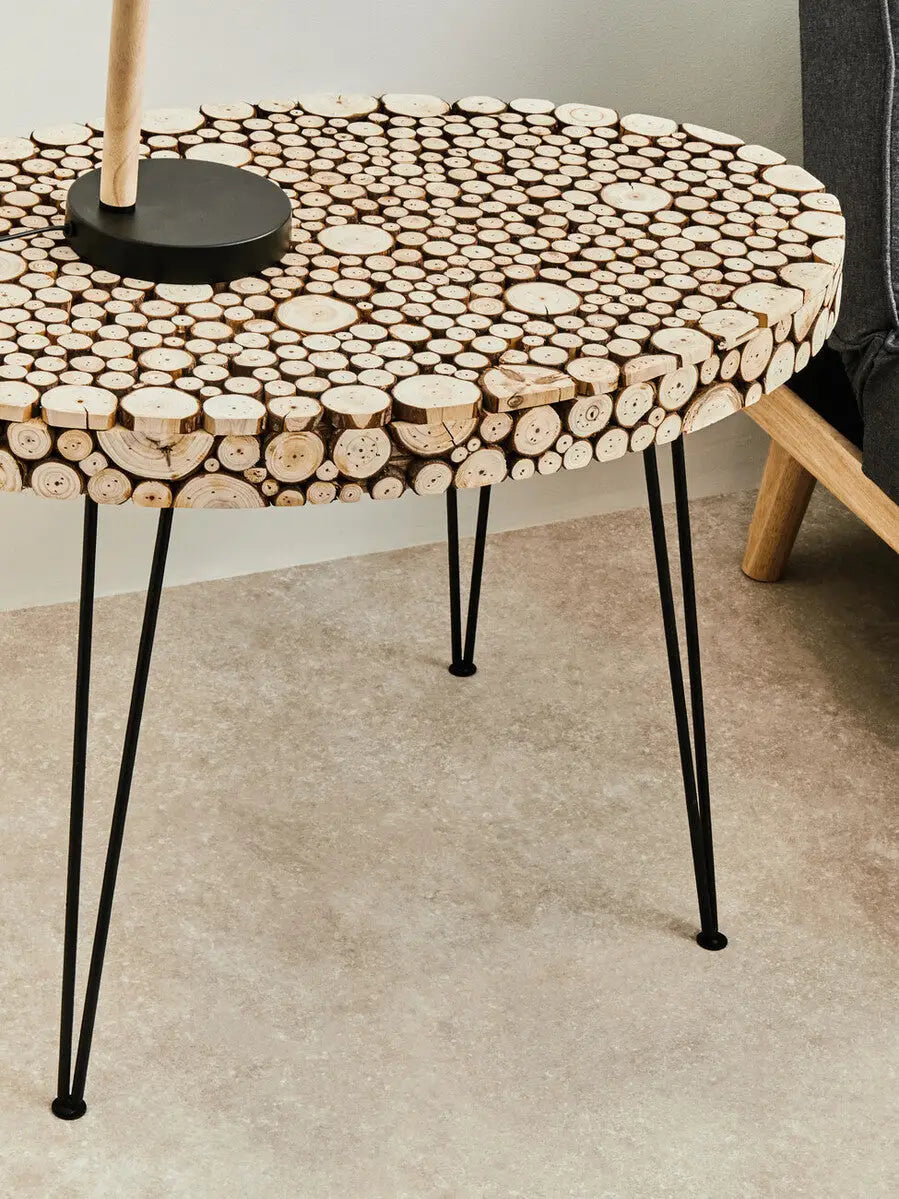 Natural Fir Wood Disc Mosaic Oval Coffee Table with Black Metal Hairpin Legs | Lacuna