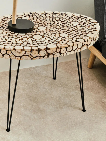 Natural Fir Wood Disc Mosaic Oval Coffee Table with Black Metal Hairpin Legs | Lacuna