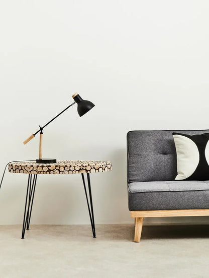 Natural Fir Wood Disc Mosaic Oval Coffee Table with Black Metal Hairpin Legs, Lacuna