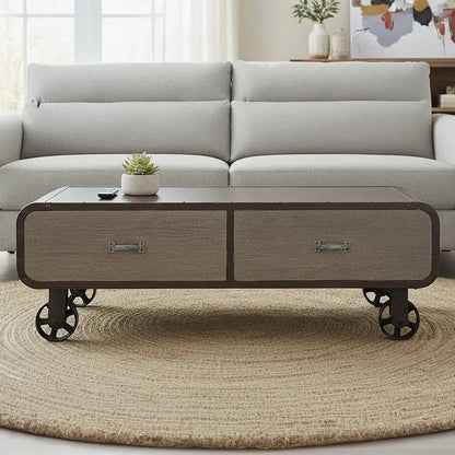 Natural Grain Finish Coffee Table with 2 Storage Drawers and 4 Wheels, Village Loft
