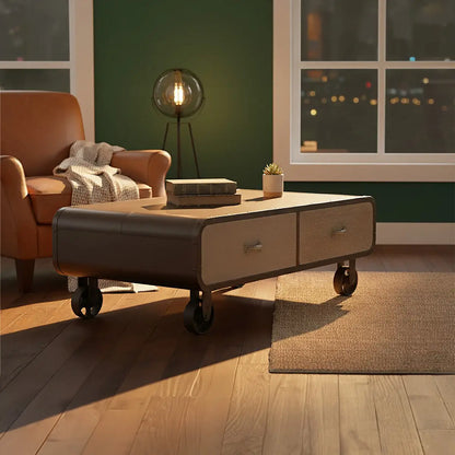 Natural Grain Finish Coffee Table with 2 Storage Drawers and 4 Wheels, Village Loft
