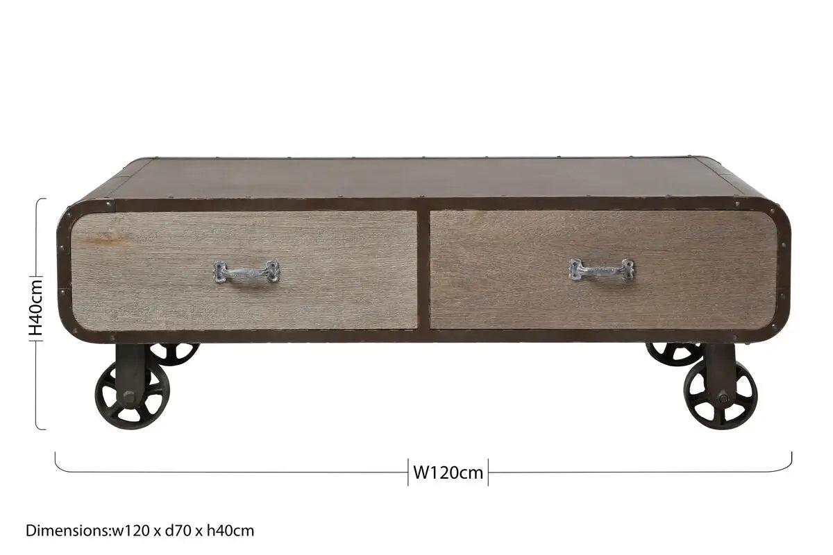 Natural Grain Finish Coffee Table with 2 Storage Drawers and 4 Wheels, Village Loft