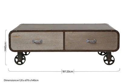 Natural Grain Finish Coffee Table with 2 Storage Drawers and 4 Wheels, Village Loft