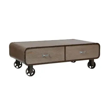 Natural Grain Finish Coffee Table with 2 Storage Drawers and 4 Wheels, Village Loft