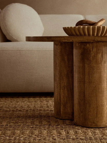 Natural Mango Wood Coffee Table with Column Base and Rounded Top, Walsa