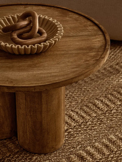 Natural Mango Wood Coffee Table with Column Base and Rounded Top, Walsa