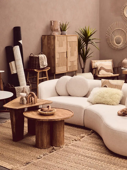 Natural Mango Wood Coffee Table with Column Base and Rounded Top, Walsa