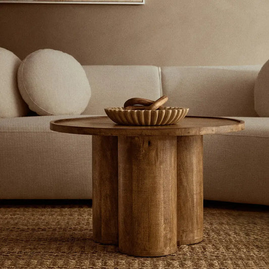 Natural Mango Wood Coffee Table with Column Base and Rounded Top, Walsa