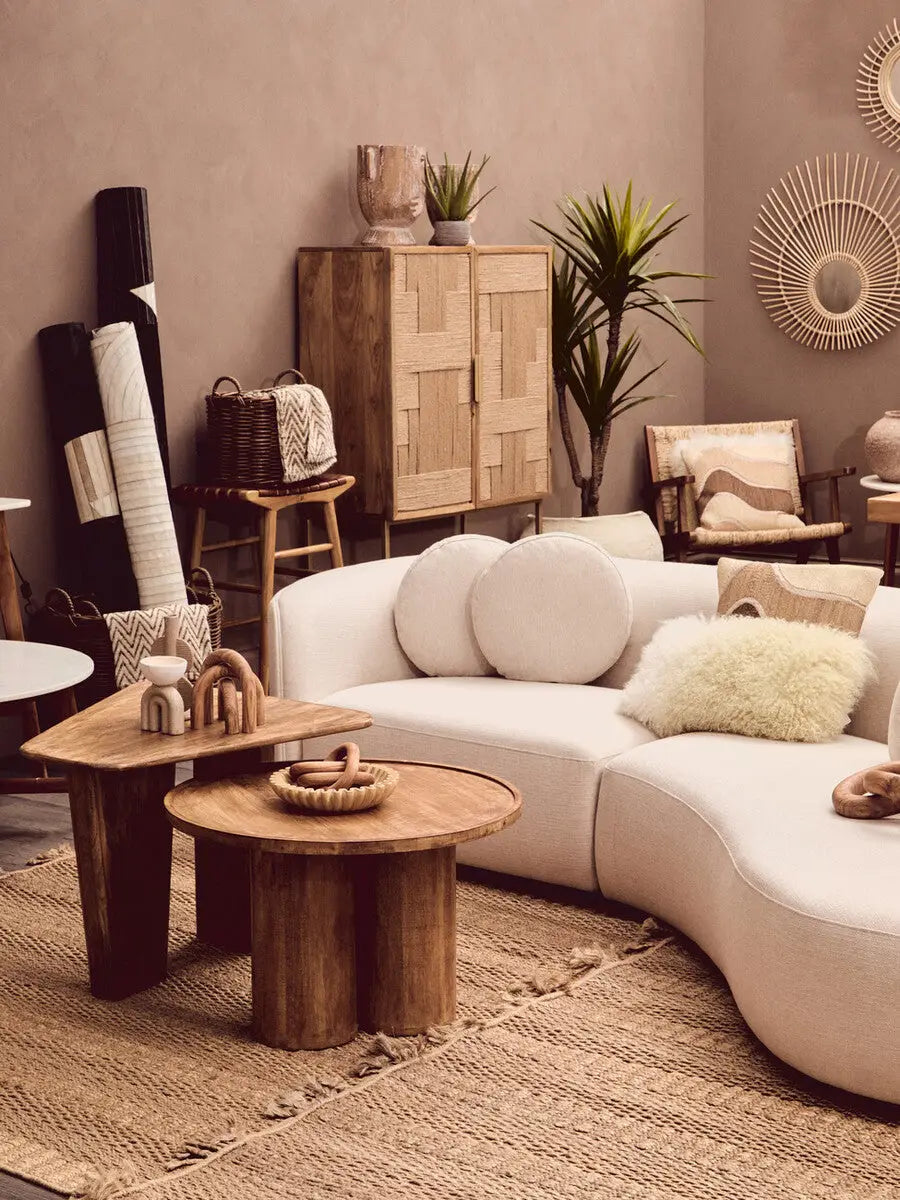 Natural Mango Wood Coffee Table with Column Base and Rounded Top | Walsa