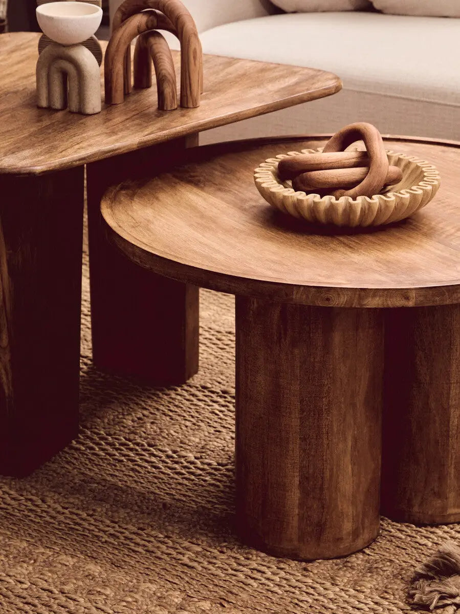 Natural Mango Wood Coffee Table with Column Base and Rounded Top, Walsa